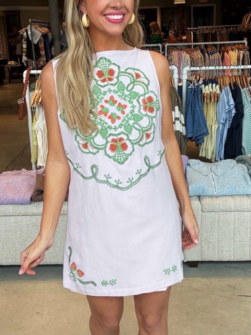 Free People Pale Pink Mini Dress with Green and Orange Embroidery
